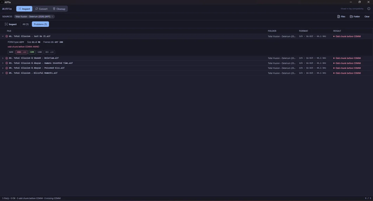 AIFFix Inspect tab, flagging AIFF files that will fail to analyze in Mixed In Key