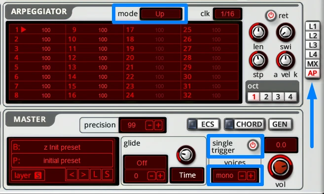 Albino 3 arpeggiator in Up mode with single trigger and mono voice mode