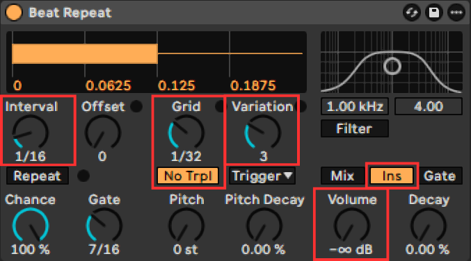 Ableton Beat Repeat set up as a gate: Interval 1/16, Grid 1/32 with No Trpl, Variation 3, Ins mode and Volume at minus infinity dB