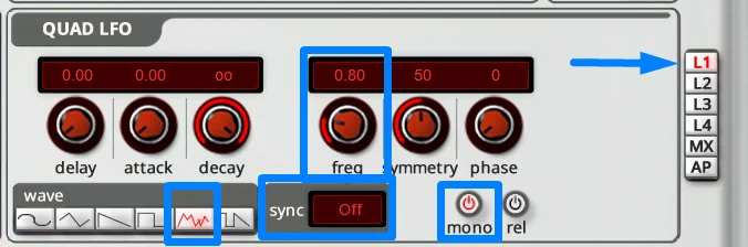 Albino 3 LFO 1 with sync off, a sample-and-glide shape and Mono activated