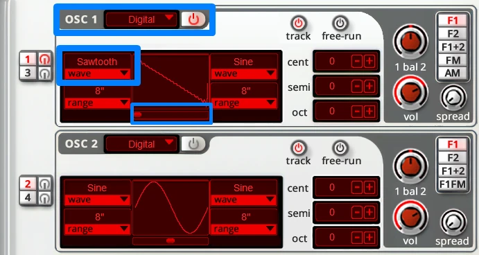 Albino 3 Oscillator 1 set to Digital, with the waveform slider on a sawtooth