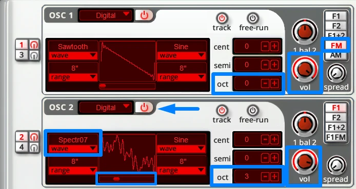 Albino 3 oscillator section with FM switched on, Oscillator 2 modulating Oscillator 1