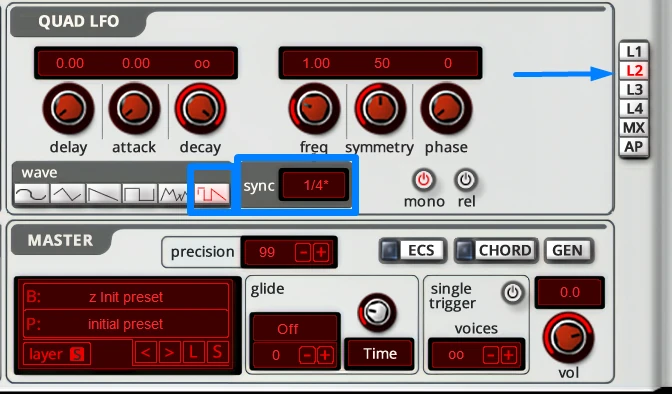 Albino 3 LFO 2 set to a sample-and-hold shape with sync rate dotted 1/4 (shown as 1/4*)