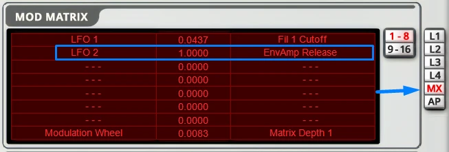 Albino 3 mod matrix with LFO 2 routed to amp envelope release at an amount of 1.0