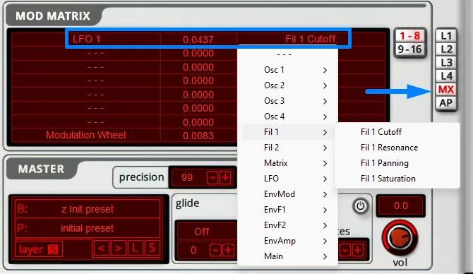 Albino 3 mod matrix with LFO 1 routed to Filter 1 cutoff at a small amount, 0.0437